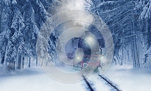 Winter forest and old train