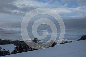 Winter snowfall in Collada De Bracons and Puigsacalm peak, La Garrotxa, Girona, Spain photo