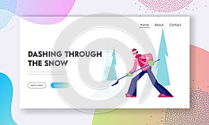 Winter Snowfall Website Landing Page. Happy Smiling Man in Santa Claus Hat Remove Snowdrifts with Big Shovel Outdoors