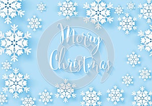 Winter snowflake greeting banner with blue background. Merry Christmas white snow invitation design card. Wintertime