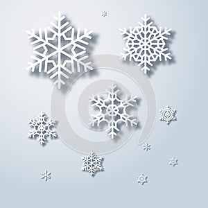 Winter snowflakes background. Vector snowflake with shadow season greeting decoration design. Abstract snow illustration