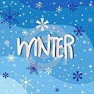 Winter snowflakes blue background, postcard