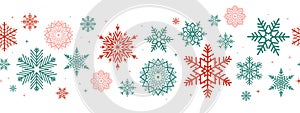 Winter snowflakes border minimal vector background. Macro snowflakes flying seamless border design, holiday card