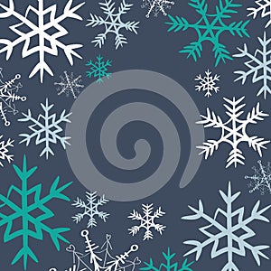 Winter snowflakes frame. Vector illustration of turquoise and white snowflakes on dark blue background
