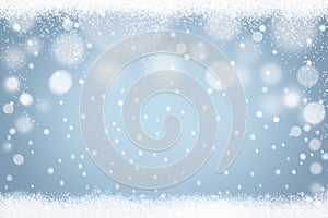 Winter snowflakes light blue bokeh background. Abstract Christmas holiday snow backdrop