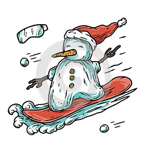 Winter snowman on snowboard for ice print design