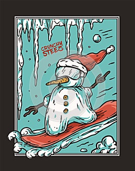 Winter snowman on snowboard for ice print design