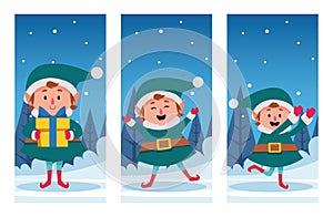 Winter snowscape christmas scene with elfs characters