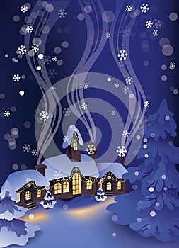 Winter snowy calm night in Christmas village.