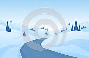 Winter snowy flat cartoon mountains landscape with road, hills and pines. Christmas background