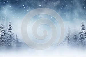 Winter snowy forest background with copy space. Christmas and New Year holidays. AI generated