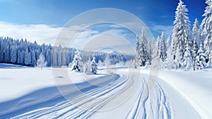 Winter snowy landscape with cross country skiing trails. Generative AI