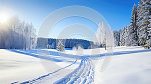 Winter snowy landscape with cross country skiing trails. Generative AI