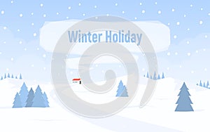 Winter snowy landscape with hills. House with red roof and smoke from the chimney for text. Winter holiday.