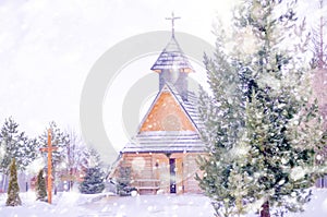 Winter snowy landscape with a mountain church