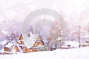 Winter snowy landscape with mountain village