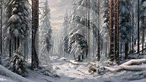 Winter snowy landscape with pine forest. Wood taiga in sunny day. Generative AI. Illustration for brochure, poster, presentation,