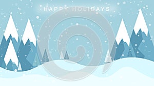 Winter snowy landscape with pines , mountains and snowfall . Happy Holidays and Christmas background .