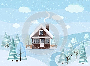 Winter snowy landscape scene with brick house, winter trees, spruces, clouds, river, snow, fields
