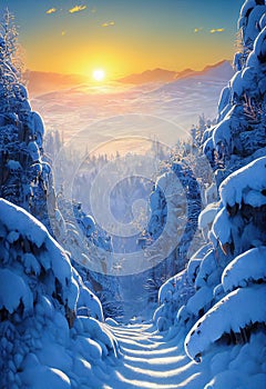 Winter snowy landscape at sunset