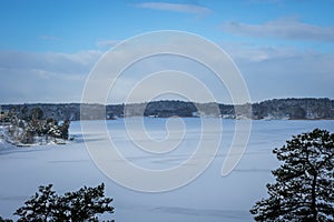 Winter snowy landscape of Swedish coast. The shore of Baltic sea overgrown with pines and firs