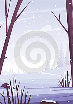 Winter snowy landscape. Trees and nature in the forest. Vector flat illustration.