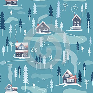 Winter snowy landscape vector seamless pattern.