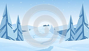 Winter snowy mountains christmas landscape with path to cartoon house