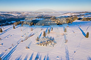 Winter snowy nature of the mountain valley in the sunny morning. Winter landscape