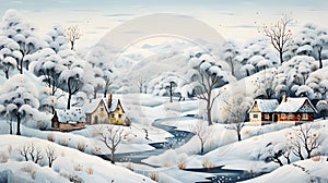 Winter snowy scene landscape in the mountains with houses and a river