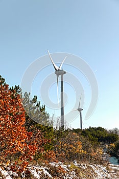 Winter snowy scenery, wind turbines on Evros region Greece, wildfires and green energy