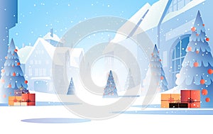 winter snowy town street with decorated christmas trees and gift boxes happy new year holiday celebration template