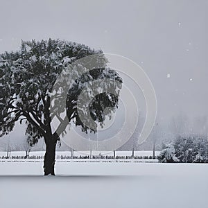 winter snowy tree in field. AI generated