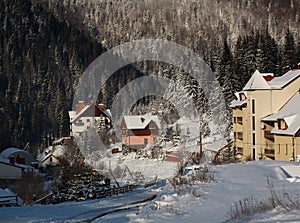Winter snowy village on landscape background of pine forest