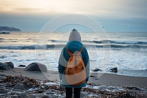 Winter solitude Girl in down jacket stands on seashore contemplating
