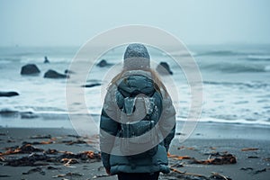 Winter solitude Girl in down jacket stands on seashore contemplating