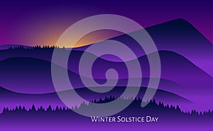 Winter solstice day in December the 21. Greeting card design template. The dark sky with sunset or sunrise. The longest night in