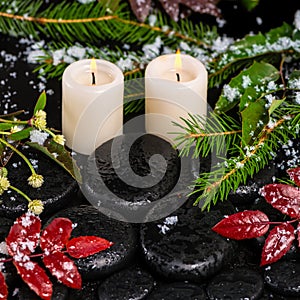 Winter spa concept of red leaves with drops, snow, evergreen bra