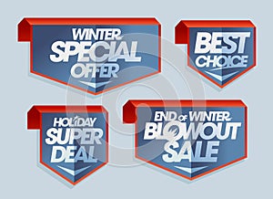 Winter special offer, best choice, holiday super deal, end of winter blowout sale - vector tags set