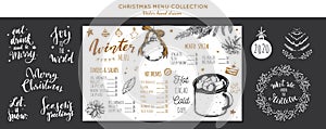 Winter special seasonal Vector menu chalkboard template, brochure. Merry Christmas and Happy new year hand drawn