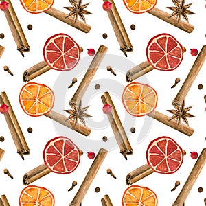 Winter spices. Cinnamon roll, oranges, star anise, clove, pepper. Seamless pattern. Hand drawn watercolor illustration