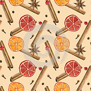 Winter spices. Cinnamon roll, oranges, star anise, clove, pepper. Seamless pattern. Hand drawn watercolor illustration