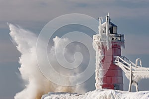 Winter, Splashing Wave and South Haven Lighthouse