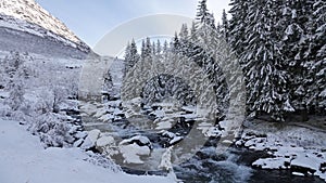 Winter splendour at river rapids on Trollstigen road in snow in Norway