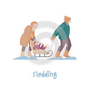 Winter sport and activity. Family playing together. Vector illustration