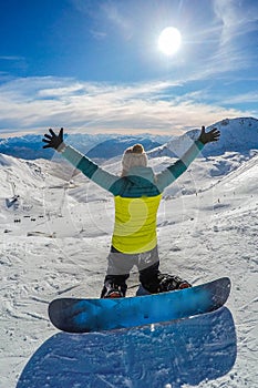 Happy snowboarding girl, Remarkables, New Zealand