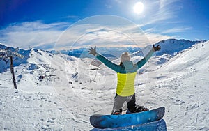 Happy snowboarding girl, Remarkables, New Zealand