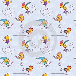 Winter sport animals seamless pattern. Cute chickens on figure skates. Funny animal playing in winter.