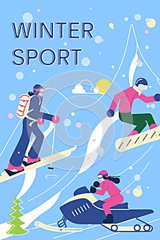 Winter Sport banner with skiiers, snowborders and snowsport fun.