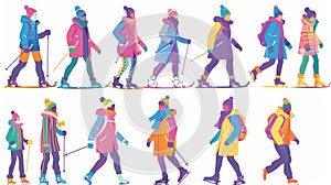 A winter sport is being enjoyed by people. Happy people on skis and snowboards, walking by skis and skates. Cartoon